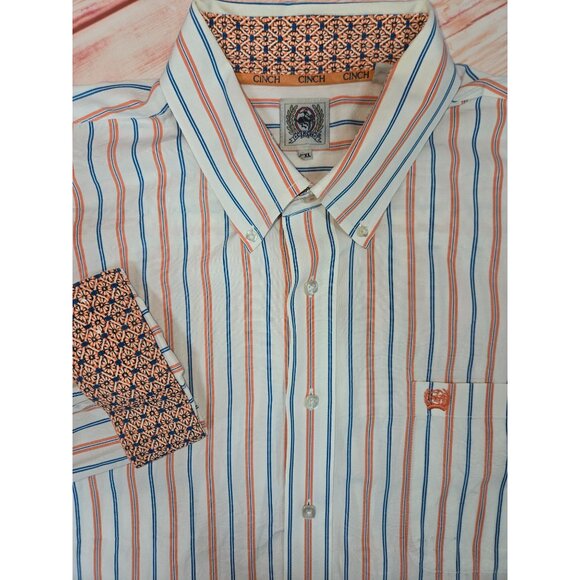 Mens Cinch XL Long Sleeve Button-Up Shirt Striped Orange & Blue 100% Cotton - Picture 4 of 7